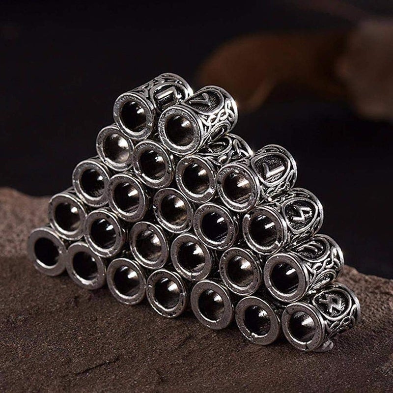 Warmshine 72 Pieces Norse Viking Rune Beads Hair Beard Pendant Antique DIY Bracelet Jewelry Pendants Necklace Braid Accessories Beard Beads for Men Braids Locs Viking Jewelry Enthusiasts, Silve - Image 5